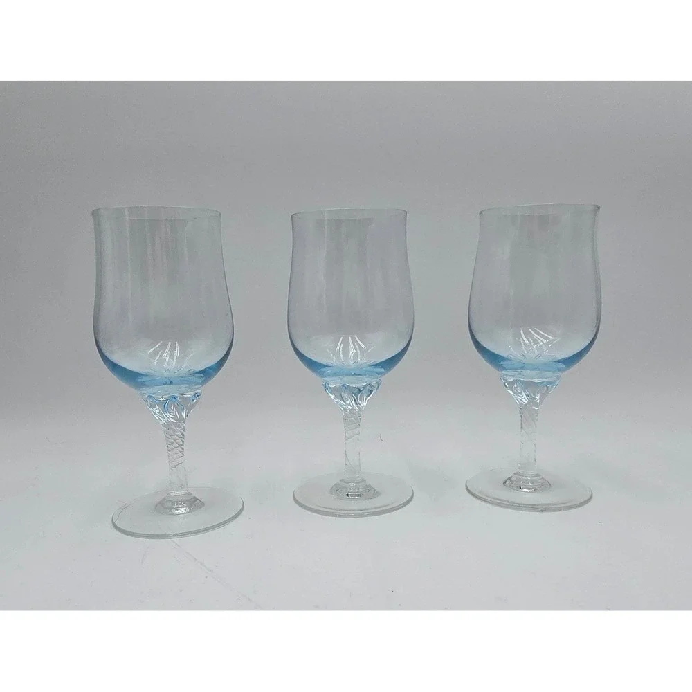 3 set Vintage Blue Tinted Wine Glasses  Twisted Spiral Stem‎ Tulip Water Goblets